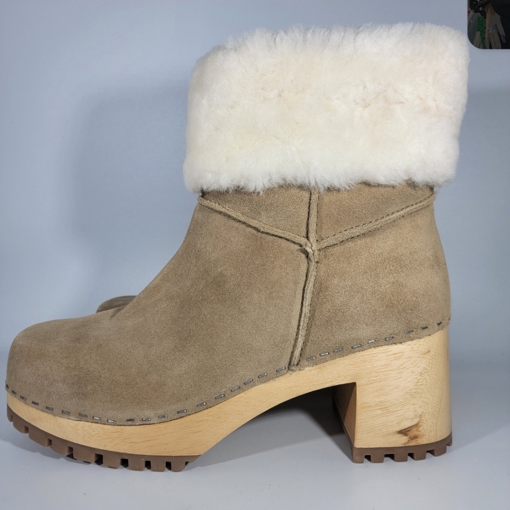 NEW MIA 9 Jildie Natural Suede Wooden Clog Boot Shearling Boho Western Indie